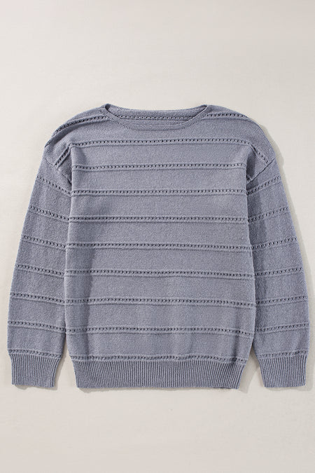 Boat Neck Drop Shoulder Pointelle Knit Sweater