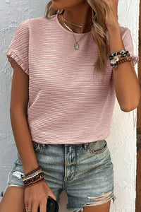 Solid Textured Ruffled Short Sleeve Blouse