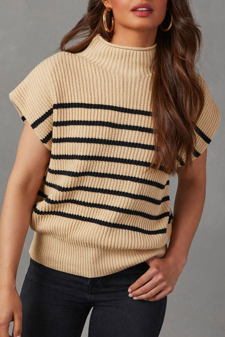 Striped Ribbed Knit High Neck Sweater