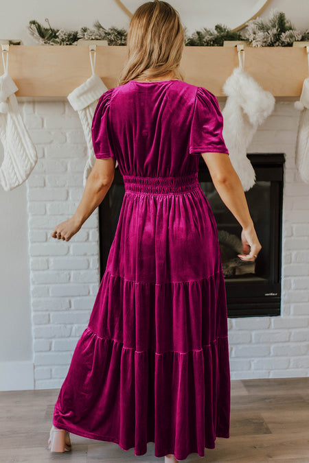 Velvet Short Sleeve Shirred Waist Tiered Maxi Dress