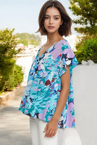 Abstract Print V Neck Flutter Sleeve Blouse