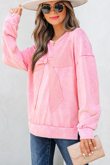 Mineral Wash Big Bow Patchwork Pullover Sweatshirt