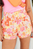 Pink Boho Floral Shirred High Waist Casual Shorts