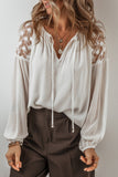 Lace Patchwork Puff Sleeve Tied V Neck Blouse