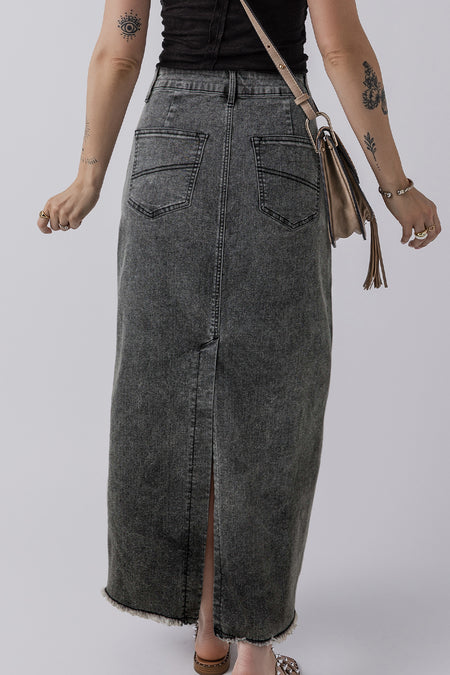 Raw Hem Back Split High Waist Long Skirt