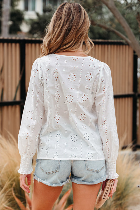 Eyelet Smocked Cuff Sheer Blouse