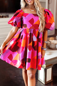 Abstract Print Square Neck Puff Sleeve Dress