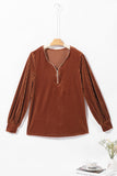 Chestnut Half Zip V Neck Ribbed Velvet Top