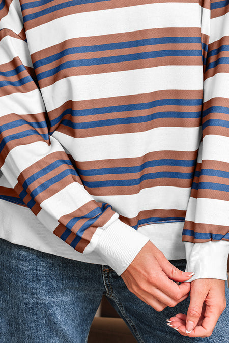Brown Stripe Crew Neck Drop Shoulder Pullover Sweatshirt