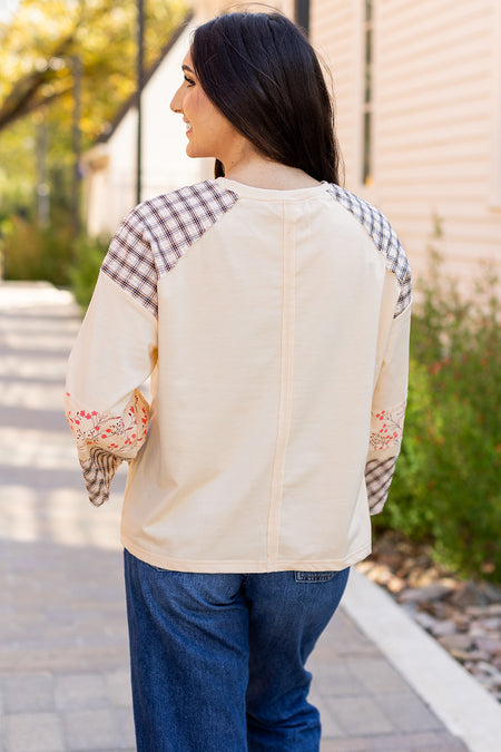 Plaid Floral Peace Heart Graphic Wide Long Sleeve Top