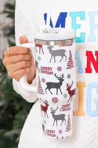 Merry Christmas Tree Snowflake Elk Print Handle Tumbler