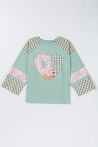 Plaid Floral Peace Heart Graphic Wide Long Sleeve Top