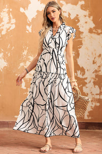 Abstract Vein Print V Neck Ruffle Maxi Dress