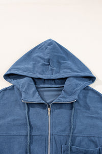 Corduroy Drawstring Hooded Pocket Zip Up Jacket