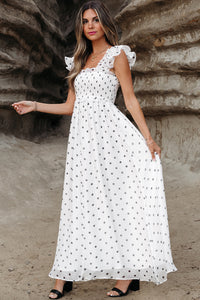 Polka Dot Flutter Sleeve Square Neck Smocked Maxi Dress