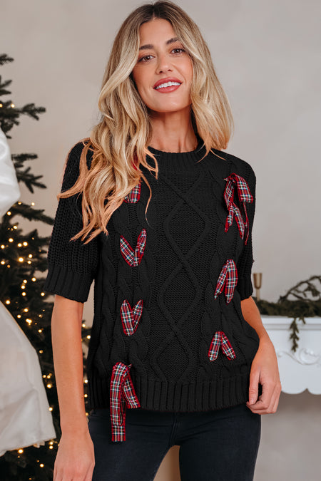 Plaid Lace Up Puff Sleeve Sweater