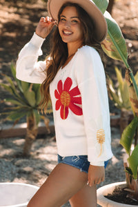 Flower Pattern V Neck Drop Shoulder Sweater