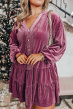 Plus Size Textured Velvet Tiered Button V Neck Dress