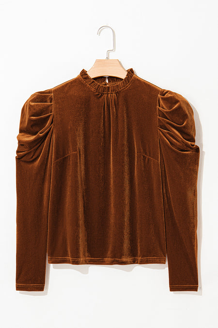 Chestnut Frilled Collar Puff Sleeve Velvet Top