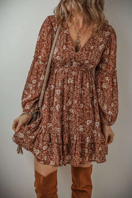 Boho Floral Ruffled Puff Sleeve V Neck Mini Dress