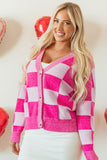 Checkered Drop Shoulder Buttoned V Neck Cardigan