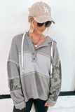Gray Waffle Printed Patchwork Drawstring Hooded Long Sleeve Top