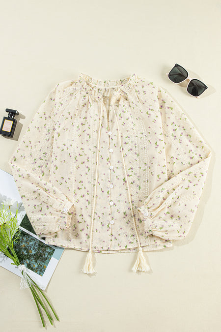 Embroidered Lace Bubble Sleeve Shirt