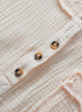 Crinkle Textured Frayed Trim Half Button Short Sleeve Top