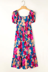 Square Neck Bubble Sleeve Ruffled Floral Dress