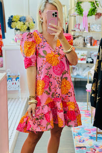 Bubble Sleeve V Neck Ruffled Mini Floral Dress