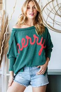 Merry Graphic Corded Batwing Sleeve Knit Top