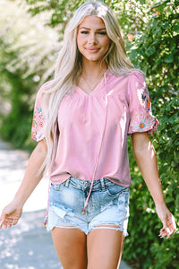 Pink Floral Embroidered Puff Sleeve Split Neck Blouse