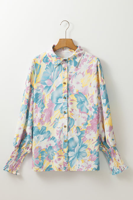 Allover Print Shirred Cuff Oversized Shirt