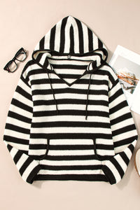 Stripe V Neck Pocketed Drawstring Hooded Sweater