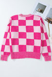 Checkered Drop Shoulder Buttoned V Neck Cardigan