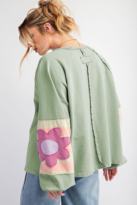 Flower Patchwork Raglan Sleeve Exposed Seam Oversized Top