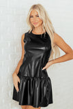 PU Leather Ruffle Hem Sleeveless Mini Dress
