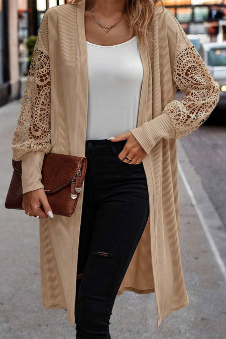 Lace Patchwork Ribbed Knit Open Front Duster Cardigan