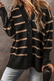 Stripe Buttoned V Neck Drop Shoulder Loose Cardigan