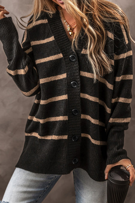 Stripe Buttoned V Neck Drop Shoulder Loose Cardigan