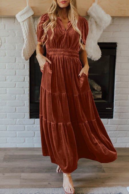 Velvet Short Sleeve Shirred Waist Tiered Maxi Dress