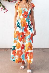 Floral Self Tied Straps Smocked Bust Maxi Dress