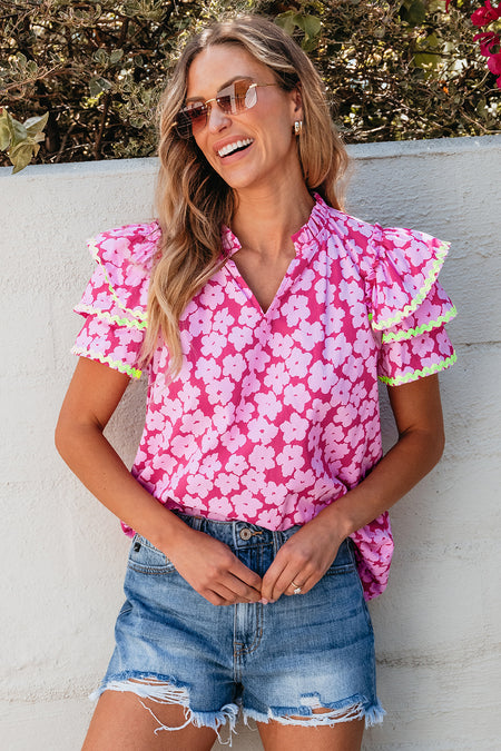 Floral Contrast Ric Rac Layered Ruffle Sleeve Blouse