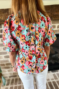 Frilled High Neck Buttons Back Floral Blouse