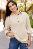 Waffle Long Sleeve Collar Half Button Loose Top