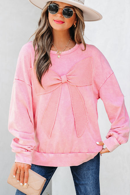 Mineral Wash Big Bow Patchwork Pullover Sweatshirt