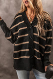 Stripe Buttoned V Neck Drop Shoulder Loose Cardigan