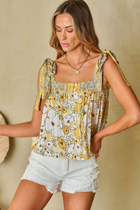 Floral Patchwork Tied Straps Buttoned Tank Top