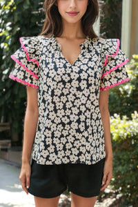 Floral Contrast Ric Rac Layered Ruffle Sleeve Blouse