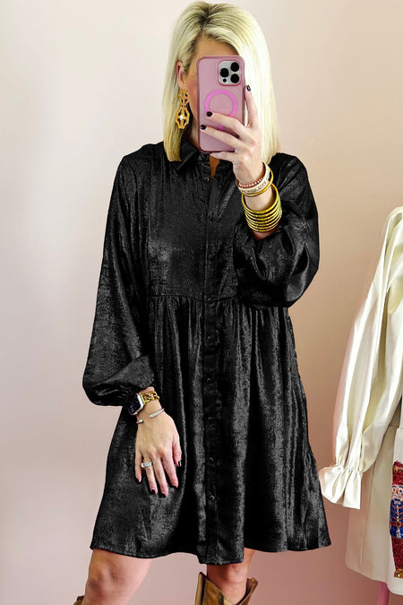 Metallic Sheen Puff Sleeve Button Up Mini Shirt Dress